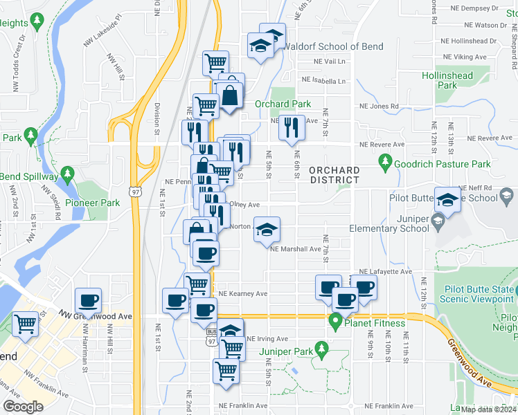 map of restaurants, bars, coffee shops, grocery stores, and more near 465 Northeast Olney Avenue in Bend