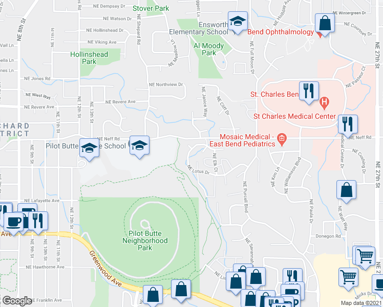 map of restaurants, bars, coffee shops, grocery stores, and more near 1518 Northeast F J Mcclean Court in Bend