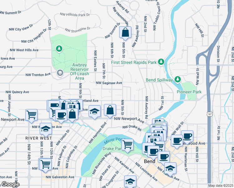 map of restaurants, bars, coffee shops, grocery stores, and more near 544 Northwest Roanoke Avenue in Bend