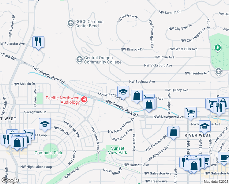 map of restaurants, bars, coffee shops, grocery stores, and more near 2000 Northwest College Way in Bend