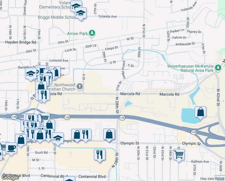 map of restaurants, bars, coffee shops, grocery stores, and more near 2690 Marcola Road in Springfield