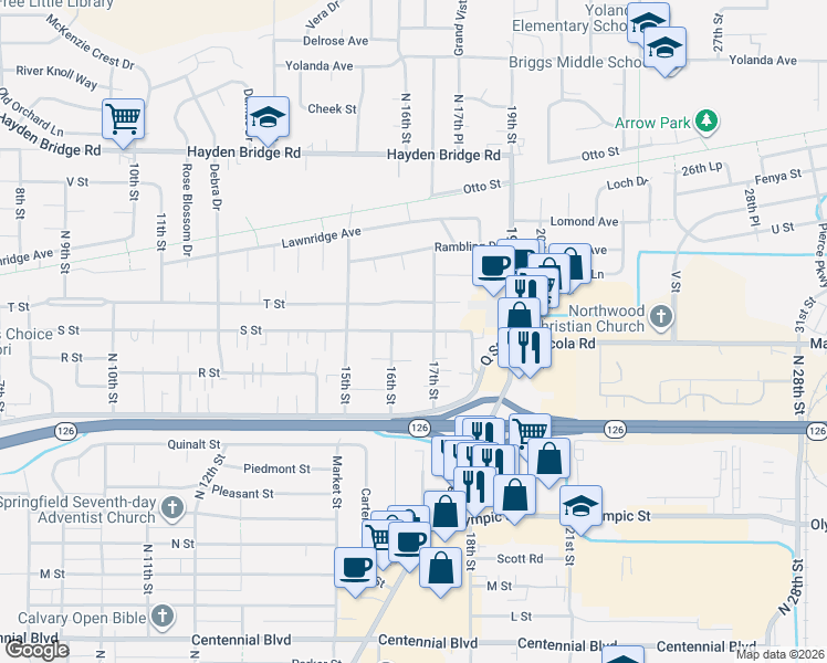 map of restaurants, bars, coffee shops, grocery stores, and more near 2038 17th Street in Springfield