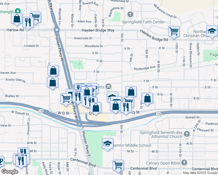 map of restaurants, bars, coffee shops, grocery stores, and more near 346 S Street in Springfield