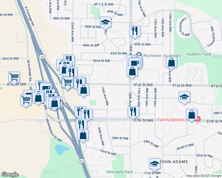 map of restaurants, bars, coffee shops, grocery stores, and more near 1875 41st Street Northwest in Rochester