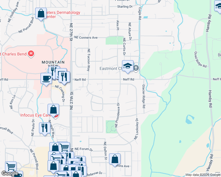 map of restaurants, bars, coffee shops, grocery stores, and more near 3044 Lansing Court in Bend