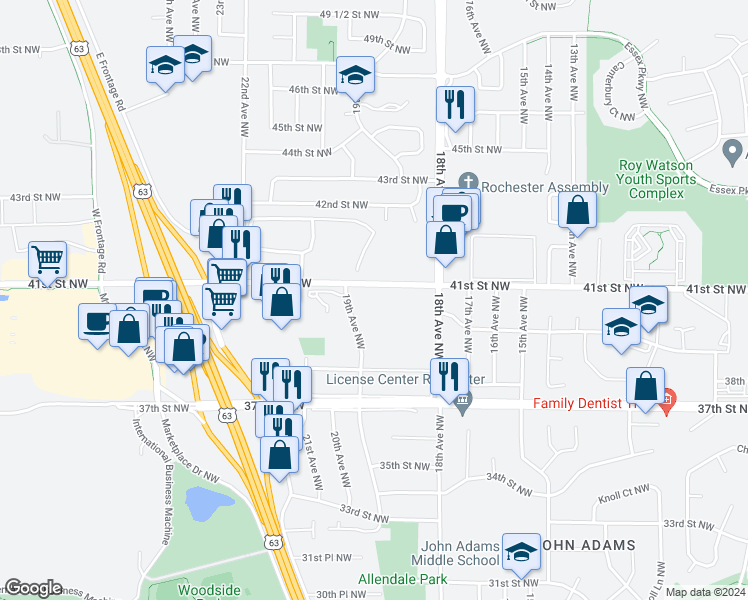 map of restaurants, bars, coffee shops, grocery stores, and more near 1828 41st Street Northwest in Rochester