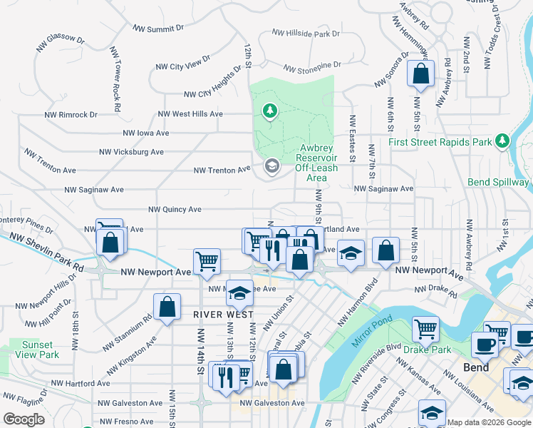 map of restaurants, bars, coffee shops, grocery stores, and more near 1111 Northwest Quincy Avenue in Bend