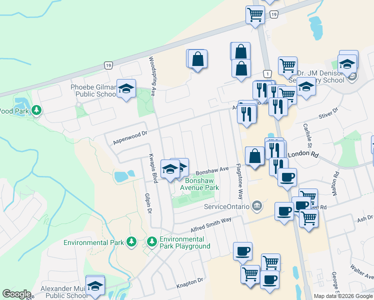 map of restaurants, bars, coffee shops, grocery stores, and more near 373 Wood Duck Lane in Newmarket