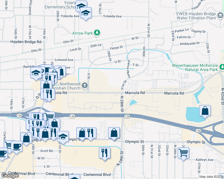 map of restaurants, bars, coffee shops, grocery stores, and more near 2690 Marcola Road in Springfield