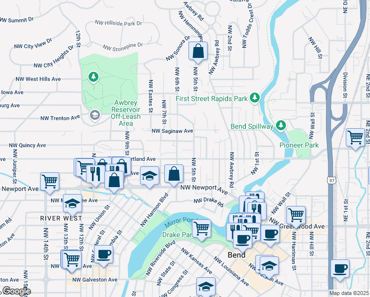 map of restaurants, bars, coffee shops, grocery stores, and more near 544 Northwest Roanoke Avenue in Bend