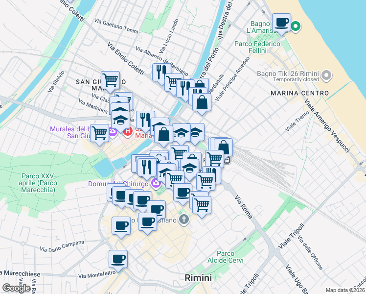 map of restaurants, bars, coffee shops, grocery stores, and more near 151 Corso Papa Giovanni XXIII in Rimini