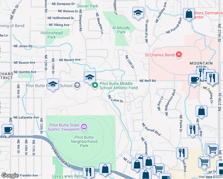 map of restaurants, bars, coffee shops, grocery stores, and more near 1718 Northeast Lotus Drive in Bend