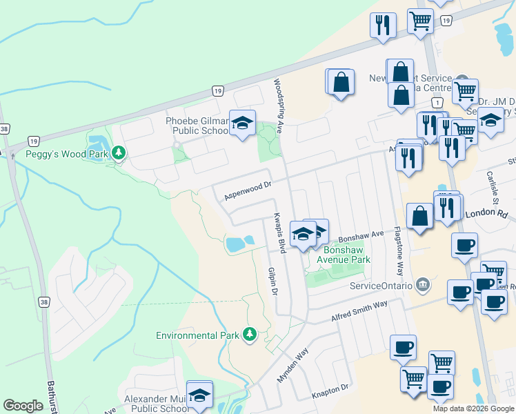 map of restaurants, bars, coffee shops, grocery stores, and more near 475 Kwapis Boulevard in Newmarket