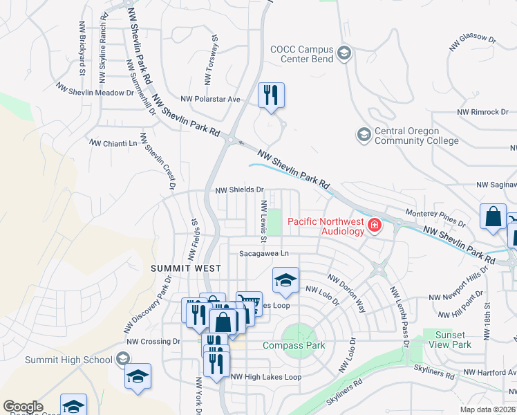 map of restaurants, bars, coffee shops, grocery stores, and more near 1585 Northwest Lewis Street in Bend
