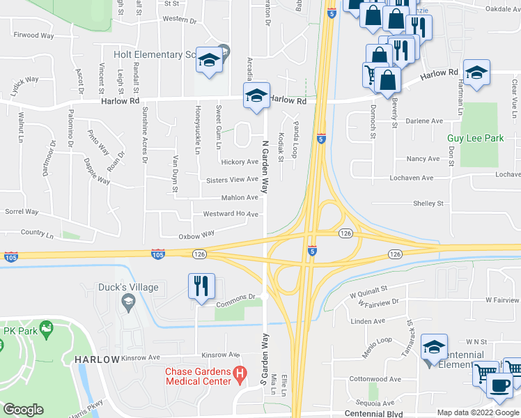 map of restaurants, bars, coffee shops, grocery stores, and more near 190 North Garden Way in Eugene