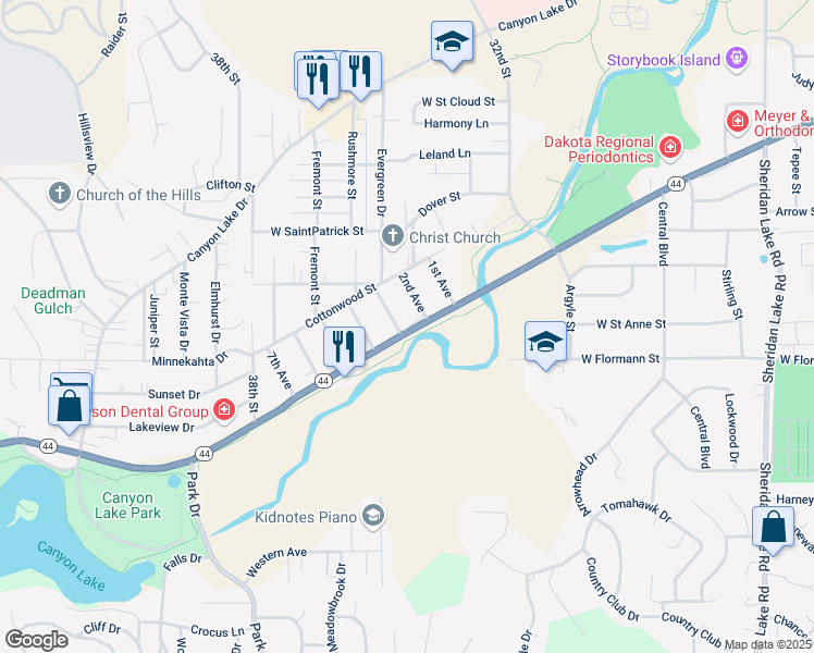 map of restaurants, bars, coffee shops, grocery stores, and more near 2022 3rd Avenue in Rapid City