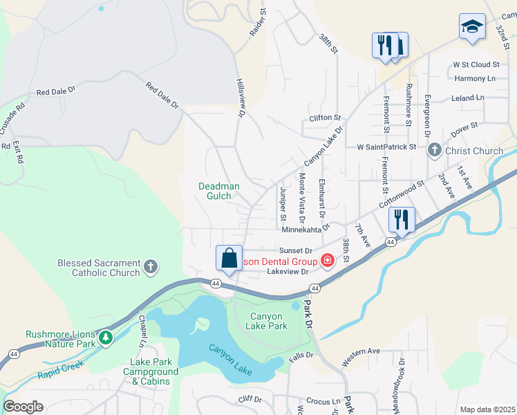 map of restaurants, bars, coffee shops, grocery stores, and more near 4121 Canyon Lake Drive in Rapid City