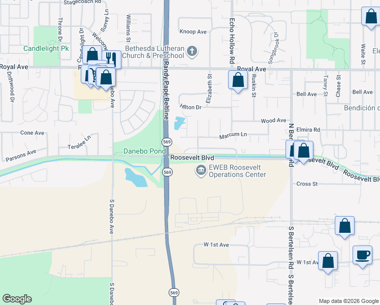 map of restaurants, bars, coffee shops, grocery stores, and more near 4462 Fergus Avenue in Eugene