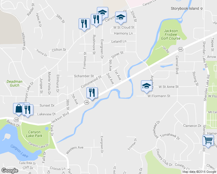 map of restaurants, bars, coffee shops, grocery stores, and more near 2022 3rd Avenue in Rapid City