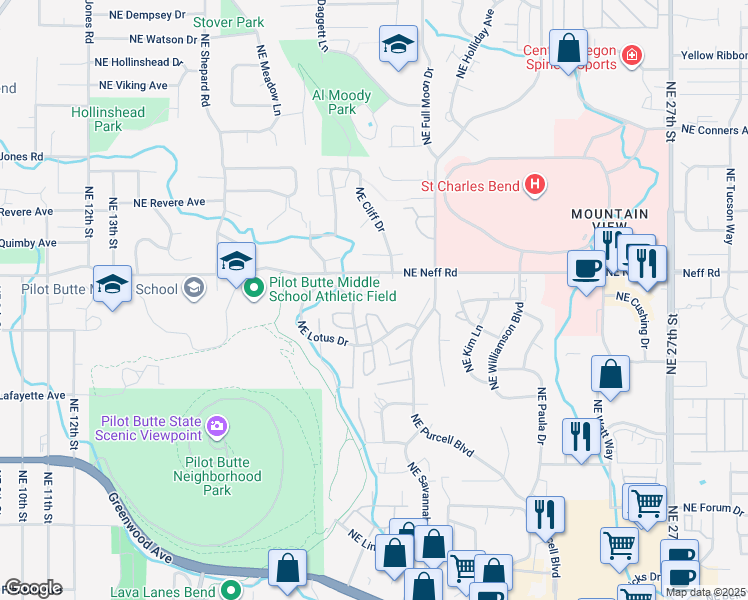 map of restaurants, bars, coffee shops, grocery stores, and more near 1893 Northeast Neff Road in Bend