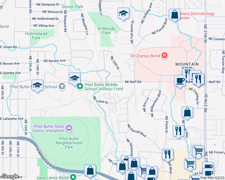 map of restaurants, bars, coffee shops, grocery stores, and more near 1893 Northeast Neff Road in Bend