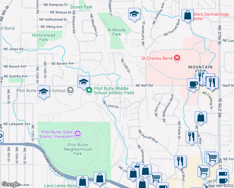 map of restaurants, bars, coffee shops, grocery stores, and more near 1679 Northeast Lotus Drive in Bend