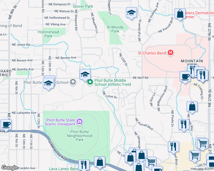 map of restaurants, bars, coffee shops, grocery stores, and more near 1518 Northeast F J Mcclean Court in Bend