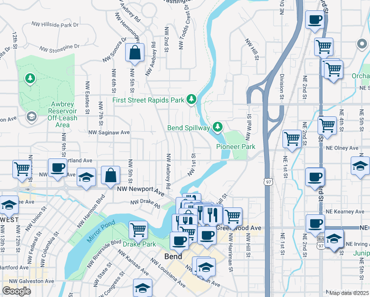 map of restaurants, bars, coffee shops, grocery stores, and more near 1727 Northwest 1st Street in Bend