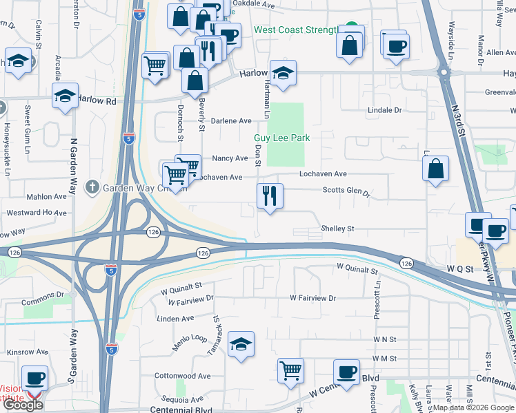 map of restaurants, bars, coffee shops, grocery stores, and more near 2157 Don Street in Springfield