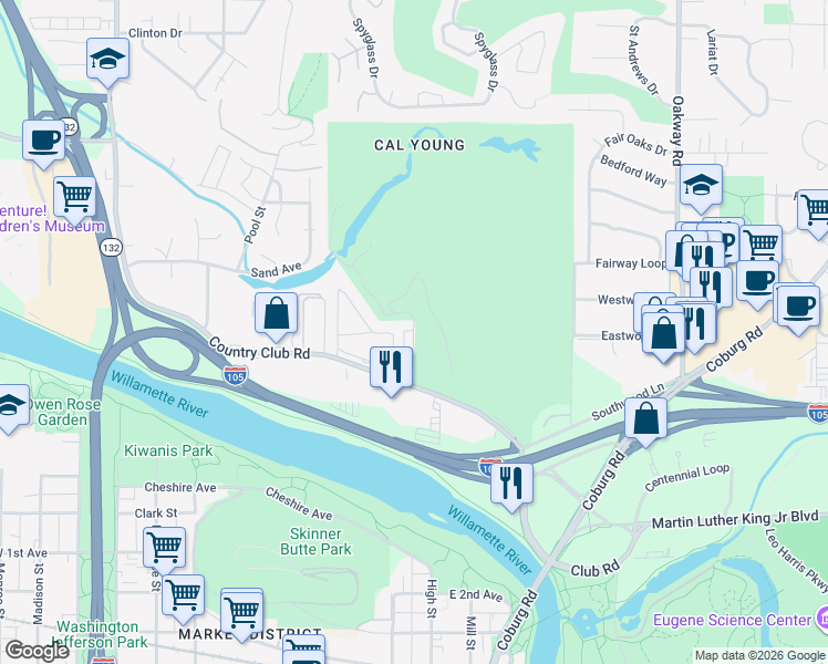 map of restaurants, bars, coffee shops, grocery stores, and more near 255 Country Club Road in Eugene