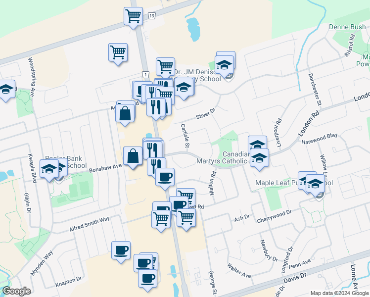 map of restaurants, bars, coffee shops, grocery stores, and more near 305 Carlisle Street in Newmarket