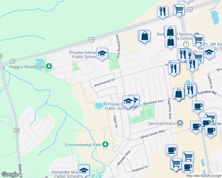 map of restaurants, bars, coffee shops, grocery stores, and more near 471 Kwapis Boulevard in Newmarket