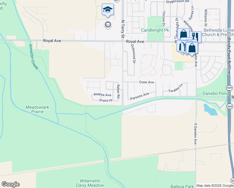 map of restaurants, bars, coffee shops, grocery stores, and more near 604 Raber Road in Eugene