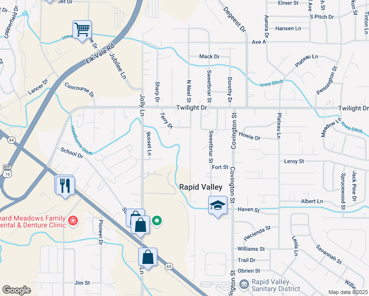 map of restaurants, bars, coffee shops, grocery stores, and more near 2151 S Neel St in Rapid City