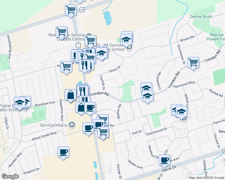 map of restaurants, bars, coffee shops, grocery stores, and more near 82 Derby Court in Newmarket