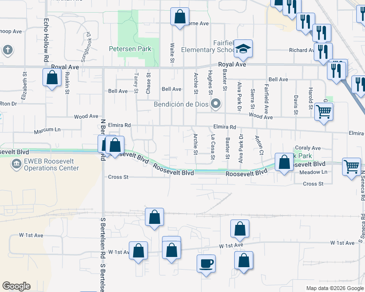 map of restaurants, bars, coffee shops, grocery stores, and more near 376 Nursery Court in Eugene