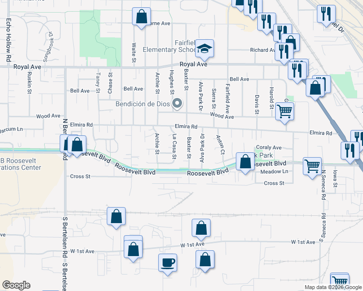 map of restaurants, bars, coffee shops, grocery stores, and more near 369 La Casa Street in Eugene