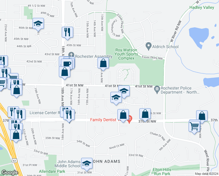 map of restaurants, bars, coffee shops, grocery stores, and more near 1210 41st Street Northwest in Rochester