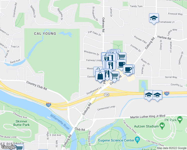 map of restaurants, bars, coffee shops, grocery stores, and more near 2137 Eastwood Lane in Eugene