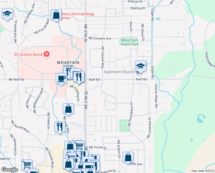 map of restaurants, bars, coffee shops, grocery stores, and more near 2966 Northeast Worthington Court in Bend