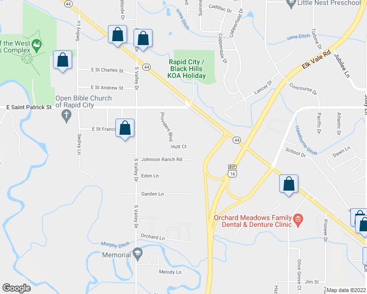 map of restaurants, bars, coffee shops, grocery stores, and more near Johnson Ranch Road in Rapid Valley