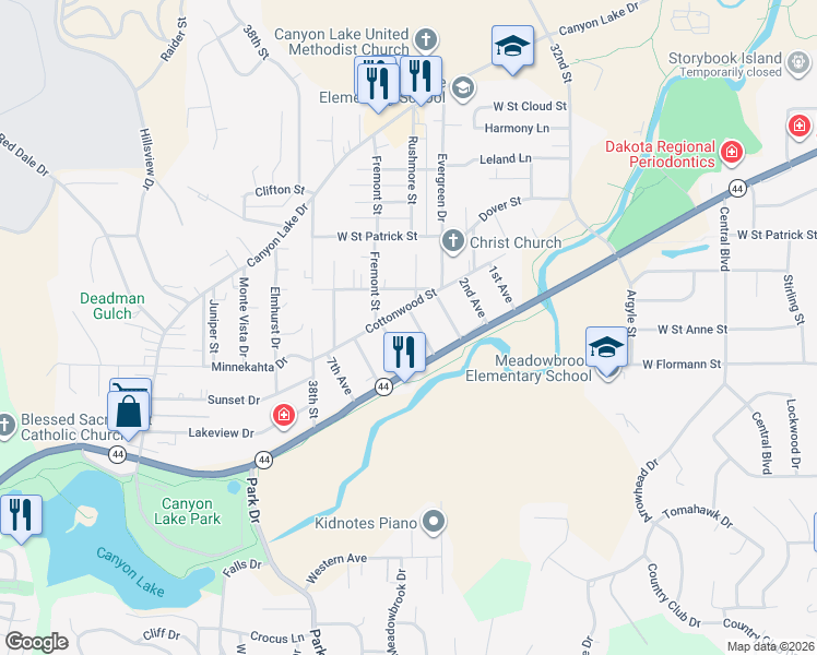 map of restaurants, bars, coffee shops, grocery stores, and more near 2102 4th Avenue in Rapid City