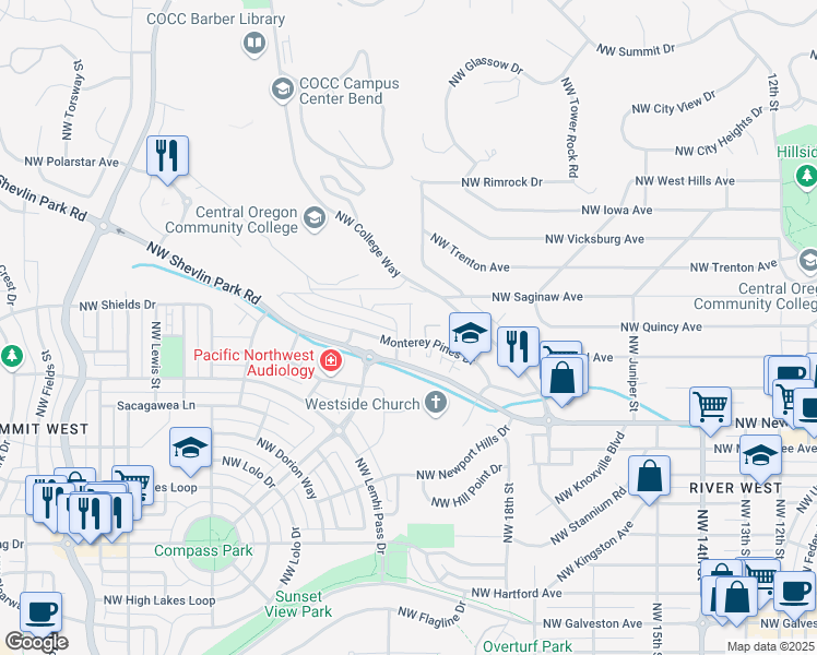 map of restaurants, bars, coffee shops, grocery stores, and more near 2121 Northwest Black Pines Drive in Bend