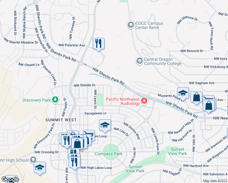 map of restaurants, bars, coffee shops, grocery stores, and more near 2321 Northwest Bens Court in Bend