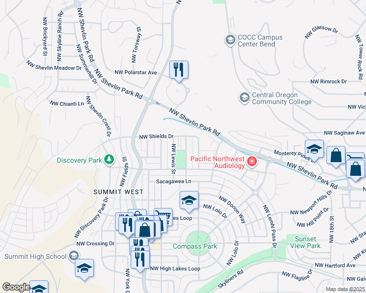 map of restaurants, bars, coffee shops, grocery stores, and more near 2579 Northwest Shields Drive in Bend
