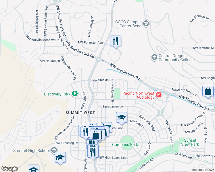map of restaurants, bars, coffee shops, grocery stores, and more near 1695 Northwest John Fremont Street in Bend