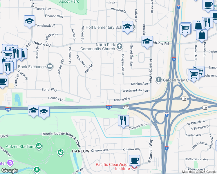 map of restaurants, bars, coffee shops, grocery stores, and more near 308 Van Duyn Street in Eugene
