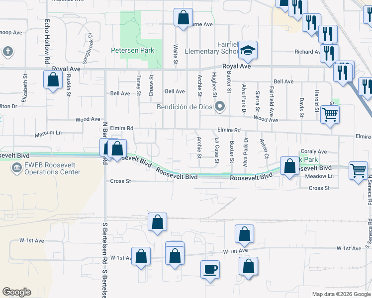 map of restaurants, bars, coffee shops, grocery stores, and more near 376 Nursery Court in Eugene