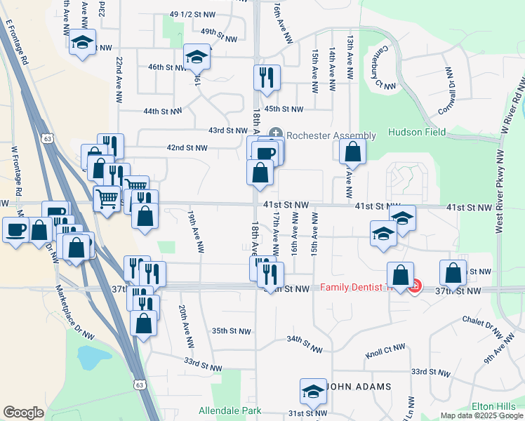 map of restaurants, bars, coffee shops, grocery stores, and more near 1717 41st Street Northwest in Rochester
