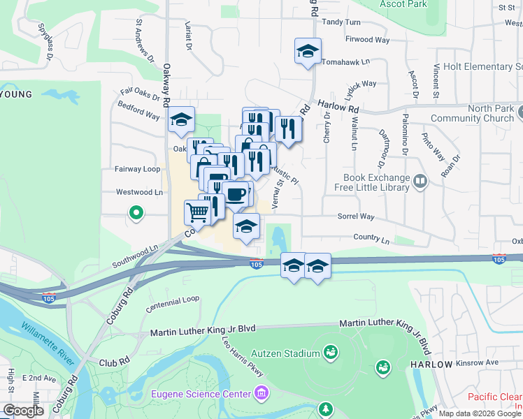 map of restaurants, bars, coffee shops, grocery stores, and more near 260 Vernal Street in Eugene